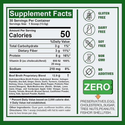 Zammex Bone Broth Plus Superfood Protein Powder (Turmeric Flavor), 8g Hydrolyzed Protein with Vitamin D, for Healthy Skin, Nails, Hair, Joints & Digestion,Non-GMO (30 Servings)