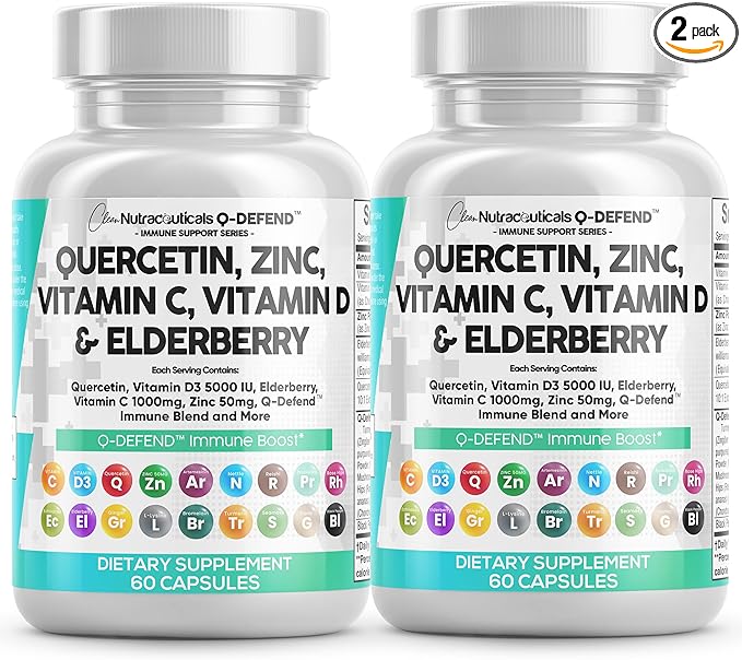 Q Defend Quercetin Supplement with Zinc Vitamin C Vitamin D Elderberry Turmeric Black Pepper Garlic Ginger Sea Moss Lysine Stinging Nettle Reishi Immune Support 60 Capsules Pack of 2 by Clean Nutra