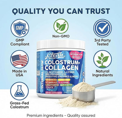 Bovine Colostrum Powder + Collagen Peptides with L-Glutamine L-Lysine Prebiotics Probiotics Digestive Enzymes Vitamin D K2 C Quercetin & Folate | Gut Health Supplement Internal Glow By Clean Nutra