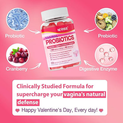 Vaginal Probiotics Gummies for Women PH Balance, Odor Control with Prebiotics, Cranberry, D-Mannose, Promotes Feminine Healthy Vaginal Flora, Urinary Tract, Yeast, Digestive Support, Sugar Free,60Cts