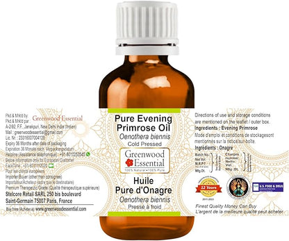 Greenwood Essential Evening Primrose Oil (Oenothera biennis) | Cold Pressed | Natural | Undiluted | for Diluting Essential Oils | for Skin & Massage | Men & Women | 30ml (1 oz)
