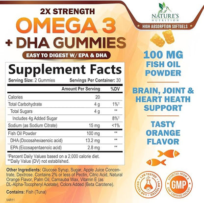 Omega 3 Fish Oil Gummies - Heart Healthy Omega 3 Gummy Supplement with High Absorption DHA & EPA, Extra Strength Joint & Brain Support, Delicious Orange Flavor Fish Oil Nature's Vitamin - 60 Gummies