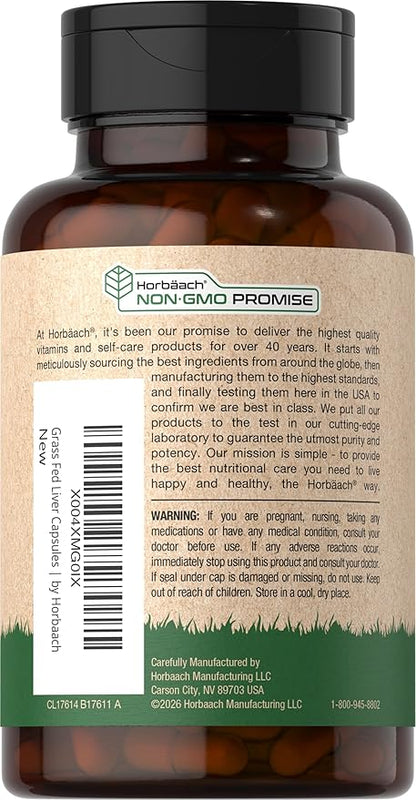 Horbäach Grass Fed Beef Liver | 4500mg | 60 Capsules | Desiccated, Pasture Raised, Grain Free, Non-GMO Supplement