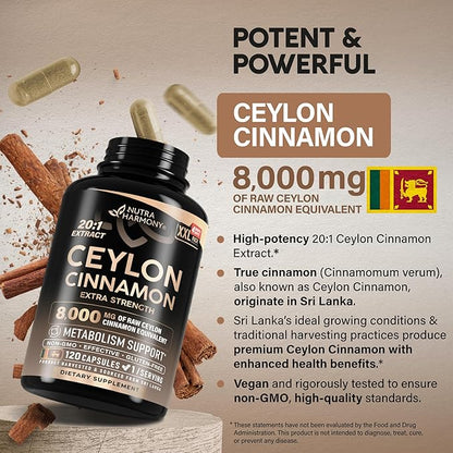 Ceylon Cinnamon Capsules - Extra Strength - Energy, Heart & Metabolism Support - for Men & Women - Pure Natural Extract 20:1 Supplement - Made in USA - GMO & Gluten Free, 120 Capsules, 4 Month Supply