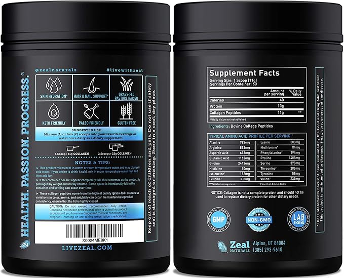 Zeal Naturals Hydrolyzed Collagen Peptides Powder, 10g Protein | Grass-Fed Collagen for Women & Men | Essential Amino Acids | Hair, Skin, Nails, Bone Health | 60 Servings, Unflavored, 23.53 oz.