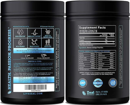 Zeal Naturals Hydrolyzed Collagen Peptides Powder, 10g Protein | Grass-Fed Collagen for Women & Men | Essential Amino Acids | Hair, Skin, Nails, Bone Health | 60 Servings, Unflavored, 23.53 oz.