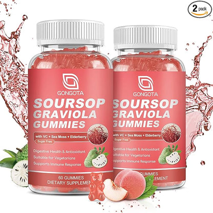 GONGOTA (2 Pack Soursop Graviola Gummies - 2200mg Extra Soursop Leaves Extract,Elderberry & Sea Moss, for Digestive, Immune, Antioxidant & Relaxation - Gluten Free, Vegan, 120 Gummies