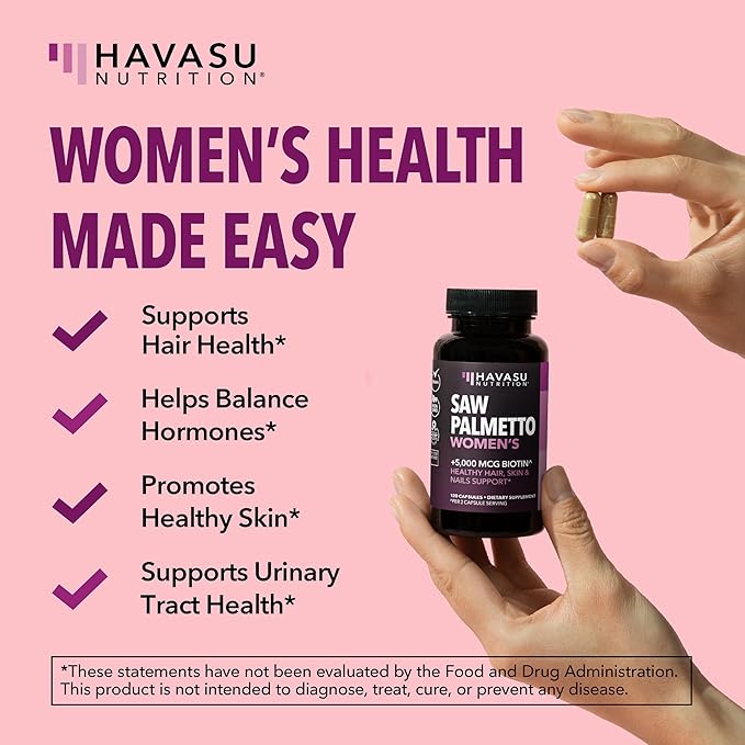 Saw Palmetto for Women with Biotin 5000mcg - Powerful DHT Blocker to Support Hair, Skin, and Nail Health - 120 Count - Vegan, Non-GMO Vitamin for Stronger, Fuller Looking Locks - 2 Month Supply