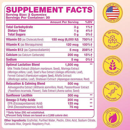 Lactation Supplement - Postpartum Lactation Support Gummies, with Milk Thistle, Moringa & Postnatal Vitamins, As Milk Supply Booster, Supports Mood, Breastfeeding & Postpartum Recovery - 30 Day Supply