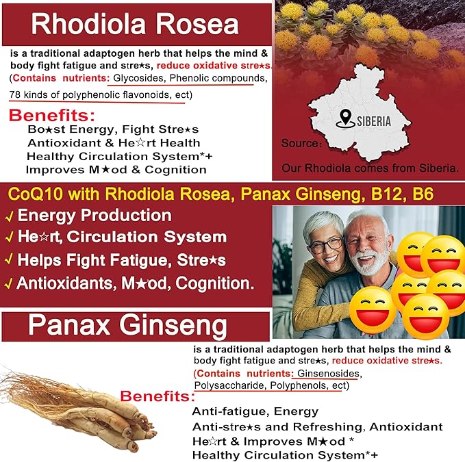 Ultra Absorption CoQ10 Gummies 200mg/400mg, w/ Methyl B12 1000mcg, B6, Rhodiola Rosea & Panax Ginseng, Sugar Free CoQ10 Supplement for Energy Boost, Hear-t Health, Antioxidant & Brain Support, 2 Pack