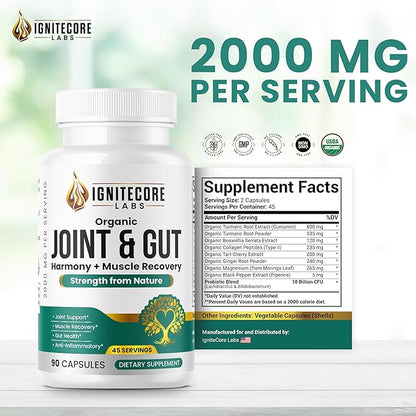 Organic Joint & Gut Harmony – Turmeric Curcumin, Boswellia, Type II Collagen, Tart Cherry, Ginger, Moringa, Probiotics – Joint Comfort, Mobility, Flexibility, Gut Balance, Digestive Support – 2000mg