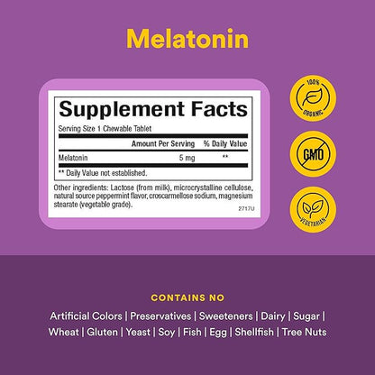 Stress-Relax Melatonin 5 mg by Natural Factors, Natural Sleep Aid, Resets the Sleep-Wake Cycle, 90 chewable tablets (90 servings), Peppermint Flavor