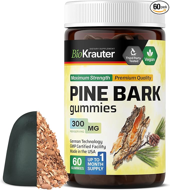 BIO KRAUTER® Pine Bark Extract for Skin & Antioxidant Support - French Maritime Pine Bark Gummies 300 mg for Clear Skin - 90 Gummies, 45-Day Supply - Non-GMO, Blueberry Flavor