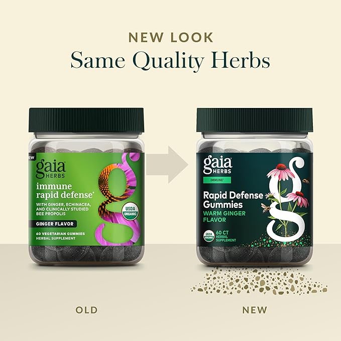 Gaia Herbs Rapid Defense Gummies - Supports Immune Health* - with Propolis, Ginger & Echinacea - USDA Organic - 60 Vegetarian Gummies (30 Servings)