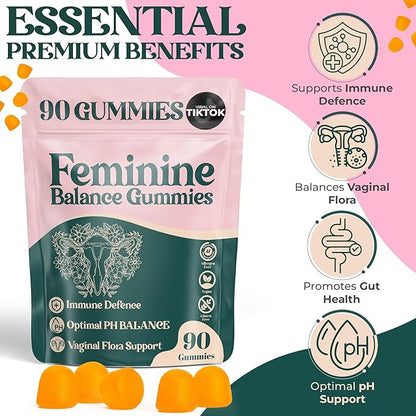 Premium Feminine Balance Gummies - for Women’s Health & Wellness - Immune Support - Vegan, Gluten-Free - Hawaiian Pineapple - 90 Gummies - 45 Servings