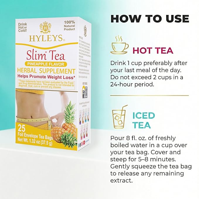 Hyleys Slim Tea Pineapple Flavor - Weight Loss Herbal Supplement Cleanse and Detox - 25 Tea Bags (6 Pack)