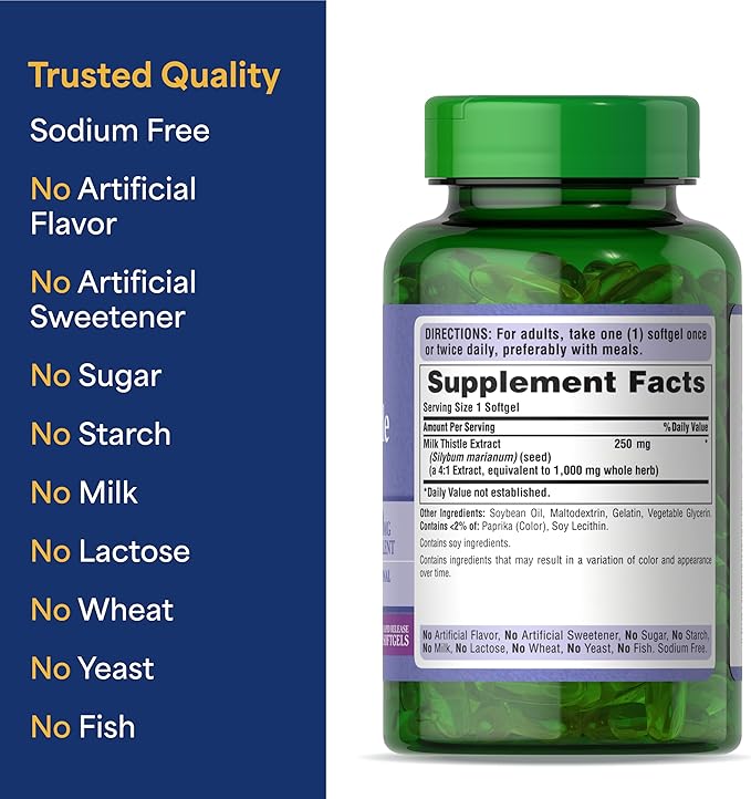 Puritan's Pride Milk Thistle Silymarin 4:1 Concentration Extract 200mg (1000 Mg Equivalent) Dietary Supplement for Liver Support, 6 Month Supply, 180 Count 2-Pack