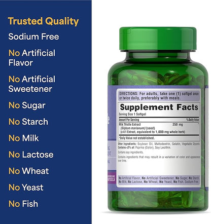 Puritan's Pride Milk Thistle Silymarin 4:1 Concentration Extract 200mg (1000 Mg Equivalent) Dietary Supplement for Liver Support, 6 Month Supply, 180 Count 2-Pack