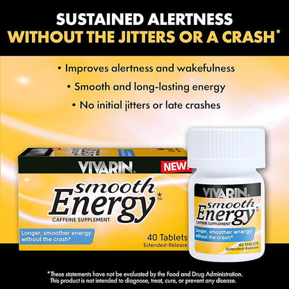 Vivarin Smooth Energy Extended Release Caffeine Tablets, 200mg, Focus, Alertness & Mental Clarity, Non-Habit Forming Energy Supplement, Sugar & Calorie Free, 40 Count
