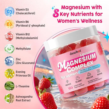 12-in-1 Magnesium Complex Gummies for Women, 1000mg Liposomal Magnesium Glycinate Citrate Malate Oxide Supplement with D3, Methylated B6&12, Zinc for Relax, Sleep, Bone, Muscle Health, Vegan, 60 Chews