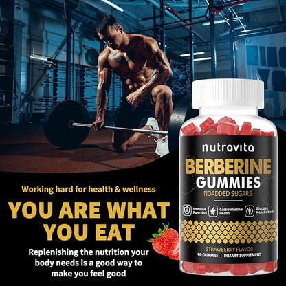 Nutravita Berberine Gummies with Ceylon Cinnamon 1500mg High Potency Berberine HCL Supplement for Immune and Metabolism Support, Sugar Free Organic Berberine Gummies Strawberry Flavor-2PACK