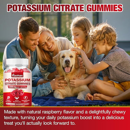 Potassium Citrate Gummies 1200mg - Chewable Supplement to Support Muscle Health & Relieve Leg Cramps for Men & Women. Vegan, Gluten-Free, Sugar-Free, Raspberry Flavor, 60 Count
