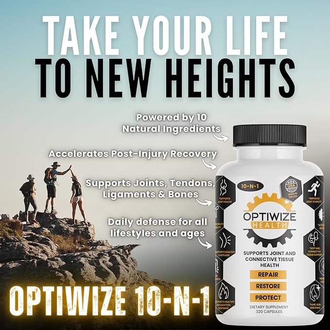 OptiWize 10-N-1 Joint Support Hydrolyzed Collagen,MSM, Hyaluronic Acid, Glucosamine,Chondroitin & More- Targets Joint Discomfort, Improves Mobility & Flexibility 320 Caps for Men & Women Made in USA