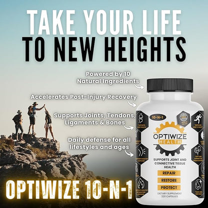 OptiWize 10-N-1 Joint Support Hydrolyzed Collagen,MSM, Hyaluronic Acid, Glucosamine,Chondroitin & More- Targets Joint Discomfort, Improves Mobility & Flexibility 320 Caps for Men & Women Made in USA