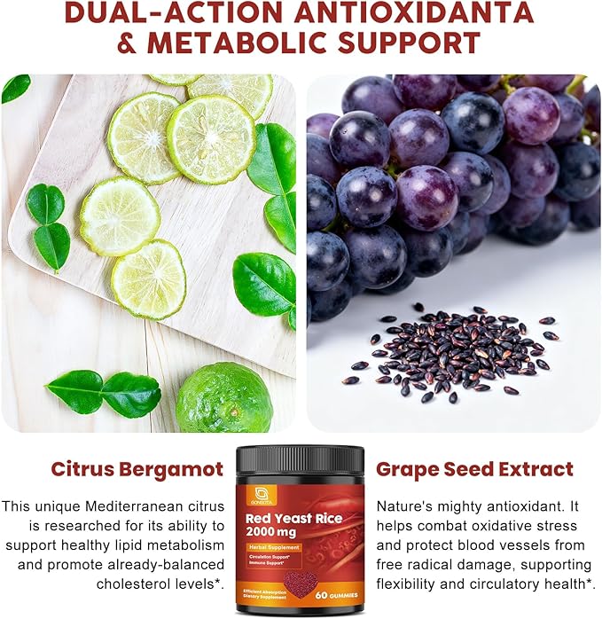 Red Yeast Rice 2,000mg with CoQ10 Gummies - Max Strength Extract Red Yeast Rice Supplement with CoQ10 200 Plus Citrus Bergamot - Natural Cholesterol Support,Vegan, Non-GMO, Gluten-Free – 60 Counts