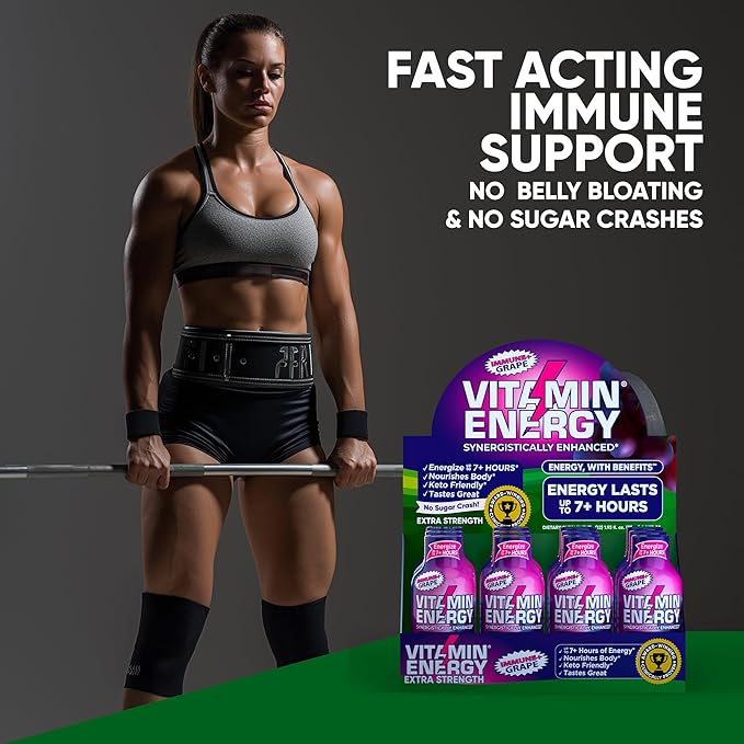 Vitamin Energy Immune+ Extra Strength Energy Shot Grape 24 Pack, 260mg Natural Caffeine, B-Vitamins, Citicoline, Green Tea, Immunity & Focus Support, Zero Sugar, Gluten-Free 1.93 fl oz