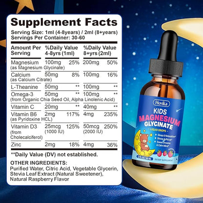 Magnesium Drops for Kids - with L-Theanine Omega-3, Vitamin B6, D3, Zinc - Kids Magnesium Glycinate Liquid for Sleep, Relaxation, Calm & Focus - 2 Fl Oz Raspberry Flavor