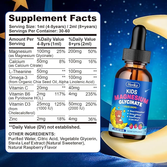 2 Pack Magnesium Drops for Kids - with L-Theanine Omega-3, Vitamin B6, D3, Zinc - Kids Magnesium Glycinate Liquid for Sleep, Relaxation, Calm & Focus - Raspberry Flavor