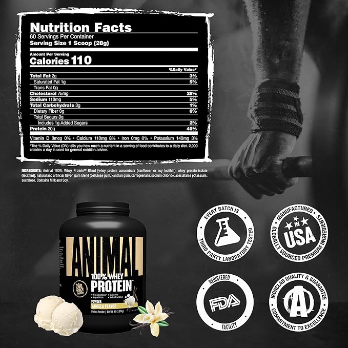 Animal 100% Whey Protein Powder – Whey Blend for Pre Workout or Post Workout, Recovery, or an Anytime Low Sugar Protein Boost Meal Replacement with BCAA Branched Chain Amino Acids – Vanilla, 4 lb