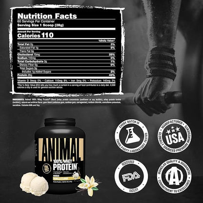 Animal 100% Whey Protein Powder – Whey Blend for Pre Workout or Post Workout, Recovery, or an Anytime Low Sugar Protein Boost Meal Replacement with BCAA Branched Chain Amino Acids – Vanilla, 4 lb