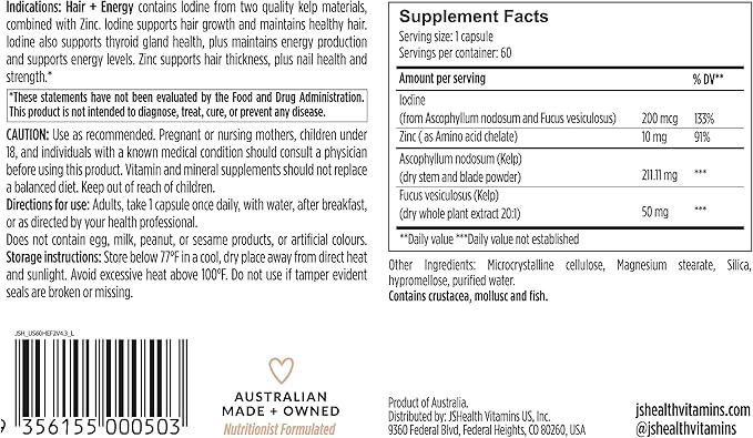 JSHealth Hair Growth Vitamins for Women. Hair + Energy with Kelp Iodine and Zinc. Supports Thickness, Strength, Energy. Nutritionist-Formulated (60 Capsules)