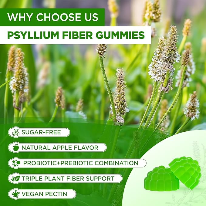 Psyllium Husk Gummies, 1500mg Psyllium Husk Fiber Supplement with Probiotics, Inulin, Chia Seed Powder for Gut & Digestive Health, Regularity, Vegan, Sugar Free, 60 Chewable