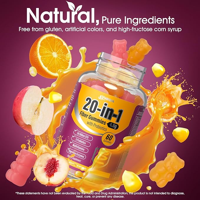 Fiber Gummies for Adults Fiber Supplement 4.5g 20-in-1 Probiotic Gummies Inulin Prebiotic psyllium Husk Powder Organic Supplement, Support for Gut Digestive Health, 60-Count, Orange & Peach