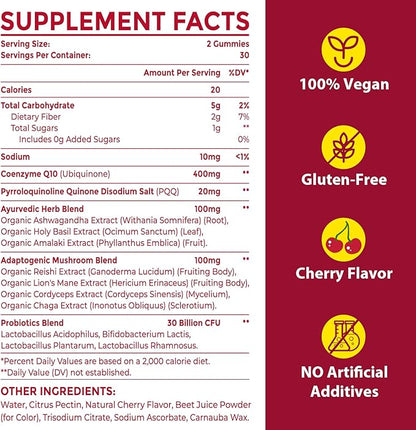 CoQ10 Gummies with PQQ - 400 MG Coenzyme Q10 High Potency, Enhanced with Ayurvedic Herbs, Adaptogenic Mushroom Blend & Probiotics for Heart, Brain, Energy, Immunity, Cherry Flavor, 60 Vegan Gummies