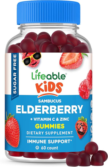 Lifeable Sugar Free Elderberry Gummies for Kids with Vitamin C and Zinc | Kids Immune Support Supplement | Great Tasting Elderberry Gummies | Vegan, Non GMO, Kosher Gluten Free | 60 Gummies
