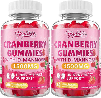 2 Pack Vegan Cranberry Gummies with D Mannose - Supports Urinary Tract Health for Women & Men, Sugar-Free, Non-GMO and Gluten Free, Strawberry Flavor, 120 Count