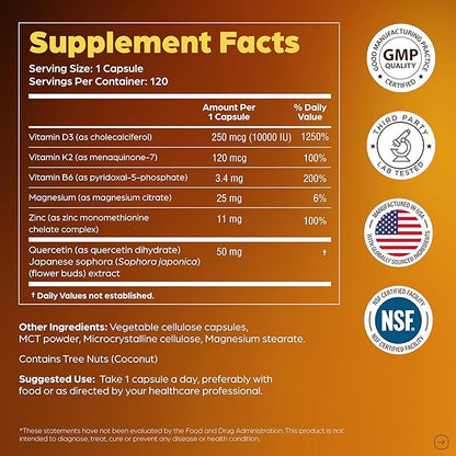 Sandhu's Vitamin D3 K2 Magnesium 10000 IU, 120mcg K2 Capsules 120 Count (Pack of 1) | with VIT B6, Zinc & Quercetin | D3K2 Supports Superior Absorption, Energy, Immune, Muscle Health for Men & Women