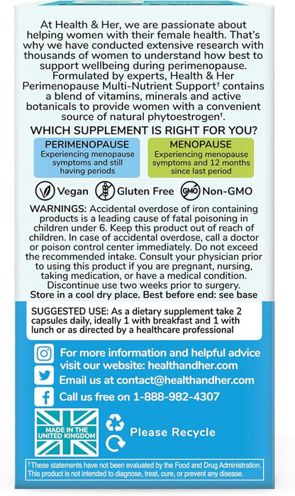 Health & Her Perimenopause Supplement for Women – The UK’s No.1 Perimenopause Supplement - Multi-Nutrient Wellbeing Support for Early Stage of Menopause, Vegan, Gluten-Free, Non GMO (60 ct - 1 Month)