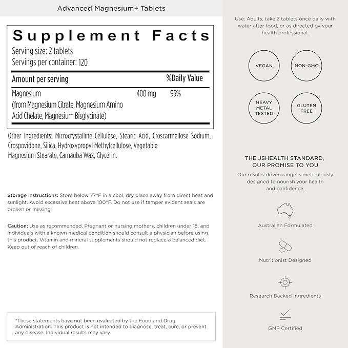 JSHealth Vitamins Advanced Magnesium Supplements with Magnesium Glycinate & Citrate for Muscle Relaxation (120 Tablets)