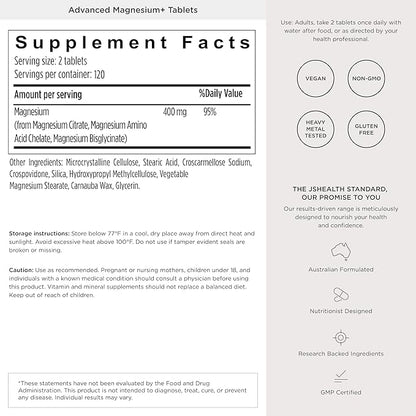 JSHealth Vitamins Advanced Magnesium Supplements with Magnesium Glycinate & Citrate for Muscle Relaxation (120 Tablets)