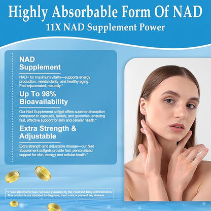 11-in-1 NAD Supplement with Resveratrol, CoQ10, Quercetin, Collagen, Grape Seed for Cellular Energy, Mental Focus & Antioxidant Support - NAD Supplement for Women & Men, 120 Soft Capsules