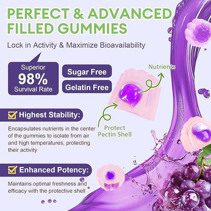 Sugar Free 5-in-1 Probiotic Prebiotic Postbiotic Gummy, 36 Strains Probiotics for Women Men with Digestive Enzymes, Peppermint, Complete Immune, Gut & Digestive Support, Vegan, 60 Ct, Grape Flavor