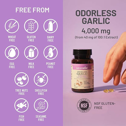 NatureWise Odorless Garlic Supplement 4000mg - Ultra Potent 100:1 Extract - Healthy Cholesterol Formula, Heart Health Support - Non-GMO, Gluten Free, with Halal Gelatin - 60 Count[30-Day Supply]