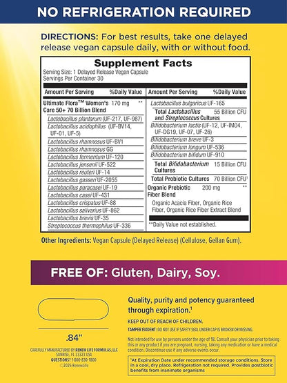 Renew Life Ultimate Flora Probiotics for Women 50+ 70 Billion CFU Delayed Release Vegan Capsules | Vaginal | Digestive Health | Immune Health | Dairy Free | 30 Count