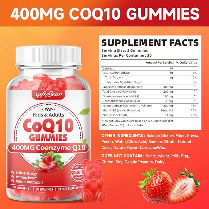 softbear CoQ10 Gummies 400mg Coenzyme Q10 Supplement for Adults, High Absorption coq10 Plus Omega-3, Magnesium, Vitamin B3 & Zinc for Cellular Energy & Antioxidant, Strawberry Flavor 120 Count