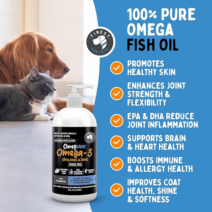 100% Pure Fish Oil for Dogs & Cats (1,545mg Omega 3 per Teaspoon) 16oz. Loaded with EPA & DHA for Joints, Skin & Coat, Itching, Heart & Immune Health. Stronger Than Salmon Oil. Unflavored Omegease.